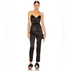 MICHELLE MASON Strapless Plunge Jumpsuit Black Satin 0 NWT